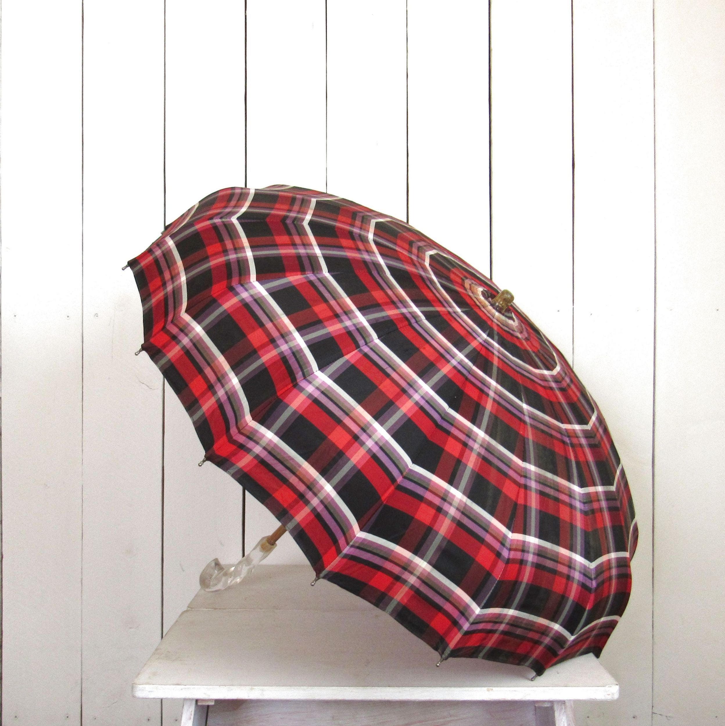 Plaid Umbrella Parasol Mid Century Vintage Umbrella Red