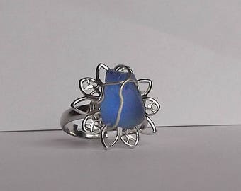 Blue sea glass ring - sea glass ring - beach glass.