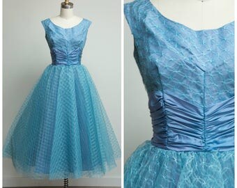 Vintage 1950s Dress • In My Mind • Light Blue Tulle 50s Party Dress with Full Skirt Size Small