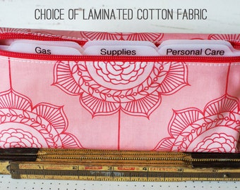 Cash envelope system wallet with dividers for Dave Ramsey budget | choice of laminated cotton fabric and zipper color