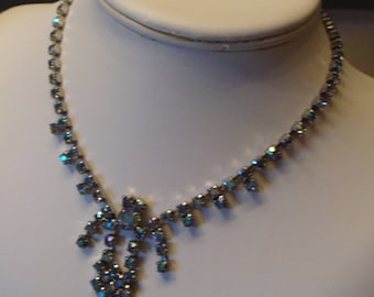 DECO STYLE rhinestone NECKLACE ab aurora borealis blue vintage