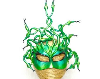 Green Leather Medusa Mask, Iridescent Gorgon Costume Headpiece, Handsculpted Lightweight Snaky Halfmask (M208)