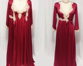 Vintage Kayser Silky Peignoir & Nightgown Set w Ecru Lace in Cranberry kayser nightgown kayser peignoir glamorous peignoir set Christmas set