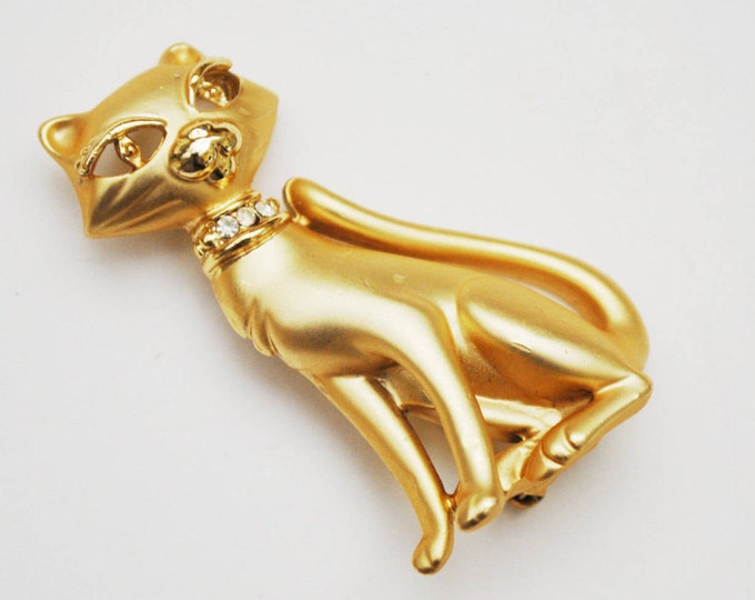 Cat Brooch - yellow gold - Rhinestone collar - signed AJC - Feline cat- figurine pin
