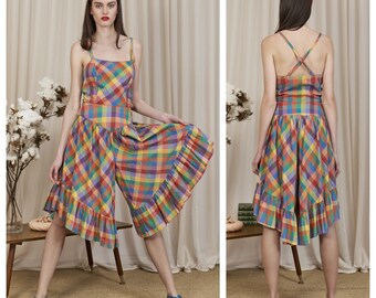 vintage 60s/70s rainbow plaid check print romper playsuit