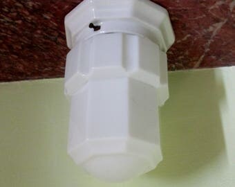 French Art Deco Geometric SKYSCRAPER Hanging Light Fixture 1930s-White Opaline Glass Shade-White Porcelain Ceiling Fixture-Art Deco Lighting