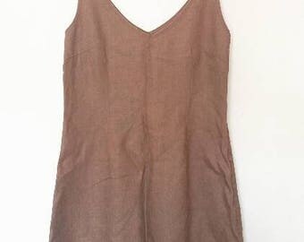 Linen Pinafore Vintage Women's Tan Overall Dress Retro Summer Dungarees Linen Brown Stripe Strap Knee Length Small Medium Ladies