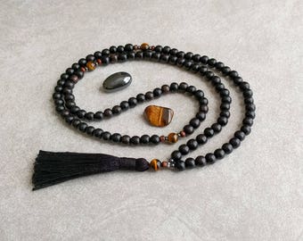 Mala Beads - Ebony Wood with Tigers Eye - Meditation Necklace - Prayer Beads - Men's Mala - Item # 976