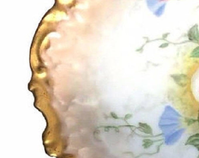 Antique French Coiffe Factory Limoges Plate, France, Heavy Gold with Morning Glories, Cabinet Plate, Hand Painted Floral Plate