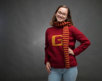 Ron Weasley Sweater AND scarf- Harry Potter Sweater - Custom Gryffindor, Ravenclaw, Slytherin, or Hufflepuff Hand Knit Letter Pullover