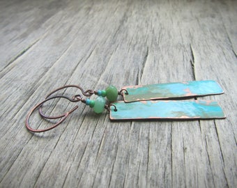 Blue patina earrings Copper patina bar earrings Turquoise blue earrings Verdigris earrings Boho chic earrings Bohemian earrings Boho jewelry