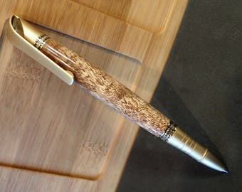 Hawaiian Blond Curly Koa Hand Turned Virtuoso Style Satin Gold Plated Twist Ballpoint Pen In A Rosewood Pen Box
