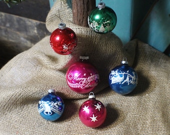 Vintage Shiny Brite Ornaments, Vintage Mercury Glass Ornaments with Stencil