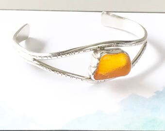 Sea Glass Cuff Bracelet // Women’s Gift // Orange Sea Glass Jewelry // Sterling Silver Cuff Bracelet // Hand Forged Bracelet