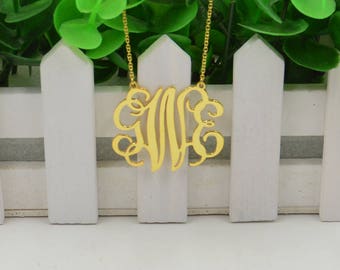 Monogram necklace gold-monogram pendant necklce-monogram initials necklace-sterling silver plated gold-Personalized gift for her