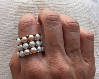 Wide band ring Pearl ring Wide pearl ring elastic ring fresh water pearls Jewelry pearl jewelry wide ring statement beaded rings