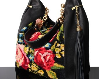 Bucket bag "Vintage Rose" black Leather bag with embroidered Roses, bag leather, Luxury Bag, Fashion bag 2018