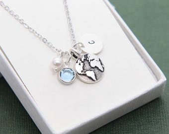 Initial Globe Necklace, World Globe Necklace, Travel Necklace, Personalized Necklace, Initial Necklace, Birthstone Necklace, Travel Gift