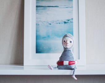 Swimmer art doll - sea inspired doll, art dolls, seascape art, navy style decor, nautical decor, beach decor, swimmer gift, ocean lover gift