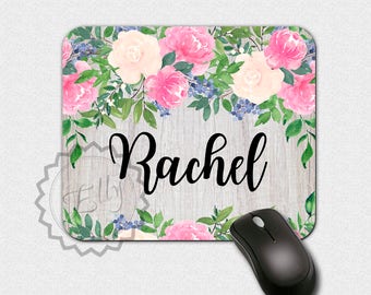 Rustic Mousepad Personalized Shabby Chic Mouse Pad Custom Mousepad Wood Mouse Pad Coworker Office Gift Bohemian Flowers Mouse Pad Name Gifts