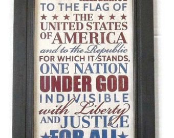 The Pledge of Allegiance, American Wall Decor, Home Decor, Patriotic Print, Art Print, Handmade, 19x11, Custom Wood Frame, Made in the USA