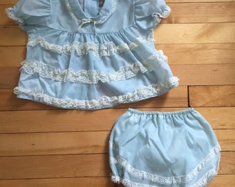 Vintage 1950s Baby Infant Girls Blue Sheer Lace Dress with Ruffle Bum Bloomers! Size 6-12 months