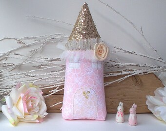 Plush House pillow, Tooth Fairy pillow in pink, gold & white combo, nursery toy and decor. Beautiful gift for a girl. Baby shower, birthday