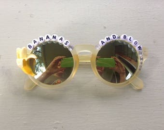 Ween "Bananas and Blow" sunglasses, hand decorated embellished funky festival shades, perfect for Hulaween and HalloWEEN
