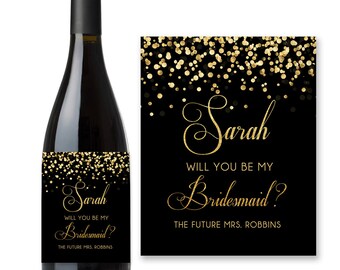 Will You Be My Bridesmaid? Wine Label Proposal Black and Gold Confetti - Wine Labels Bridesmaid Gift, Personalized wine labels, Printable
