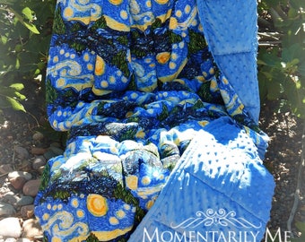 Adult Weighted Blanket 8-20 lbs - Starry Night Print/Blue Dimpled Minkee