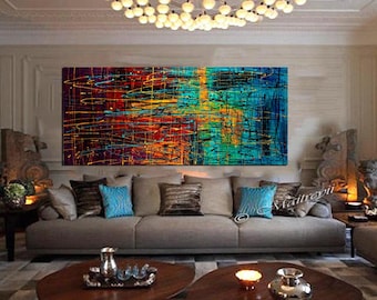 Jackson Pollock style Drip Art Painting extra large Abstract paintings Red blue abstract art Modern Wall Artwork oversize canvas painting