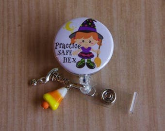 Witch Halloween Badge Reel with Witch Hat and Candy Corn Charms - Halloween Badge Reel- Badge Reel- Badge Pull - Mylar Badge Holder