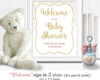WELCOME to the BABY SHOWER Sign (3 sizes included) with gold digital glitter and soft blush hearts, diy Printable, 38BA