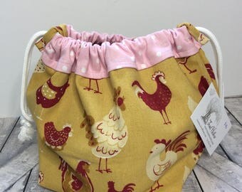 Knitting Project Bag-Gold canvas rooster graphic Toadstool bag,Toad Hollow Bag,Crochet Project,Sock,yarn keeper,wedge knitting,drawstring