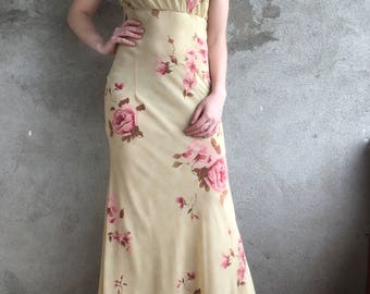 VTG Romantic 1990s Maxi Summer Dress Flower Print Empire Waist and Puff Sleeves Maxi Party Dress, size 36 EU, S