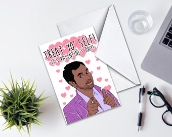 Valentine's Day Card, Parks and Recreation Inspired Greeting Card, Treat Yo' Self Card, Funny Love Greeting Card, Tom Haverford Valentine's