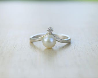 Pearl Ring, Pearl CZ Ring, Pearl Diamond Ring, Natural Pearl Ring, Fresh Water Pearl, Pearl Jewelry, Real Pearl Ring, June Birthstone