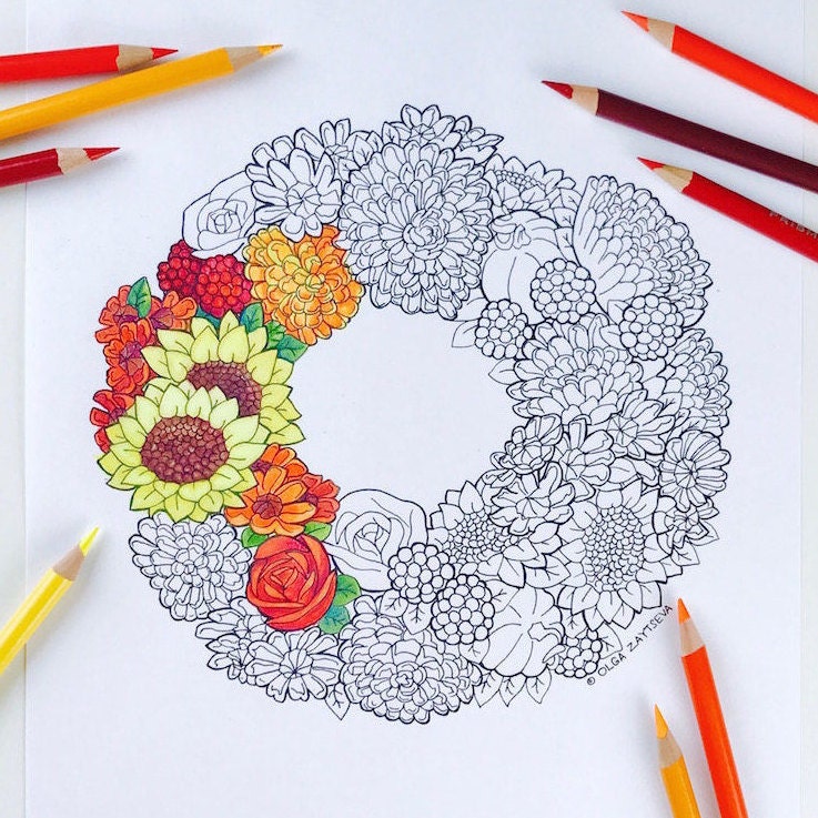 Download Adult coloring page Fall wreath Sunflower Flower Coloring