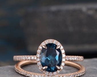 London Blue Topaz Engagement Ring Set Rose Gold Bridal Set Ring Wedding Band Women Oval Cut September Birthstone Diamond Halo Half Eternity