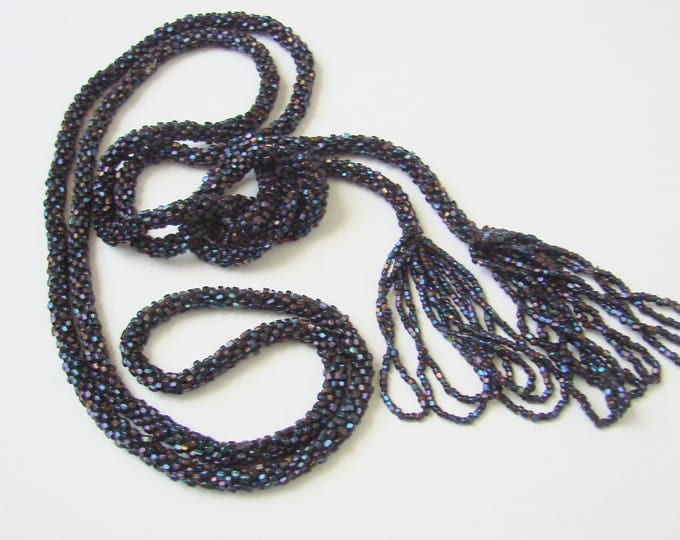 Antique Flapper Navy Blue Iridescent Glass Seed Bead Sautoir Lariat Tassel Necklace / Vintage Jewelry / Jewellery