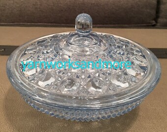 Blue Glass Candy Dish, Federal Glass, Blue Windsor Candy Dish, Candy Box, Button Cane Design, Vintage 1970s, Housewarming Gift
