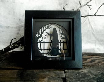 Halloween Decor. 3D Cut Paper Little Red Riding Hood Shadowbox. In Black and Cream.