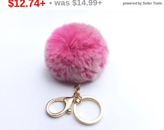 New! Pink Frosted Fur pom pom keyring keychain fur puff ball bag pendant charm