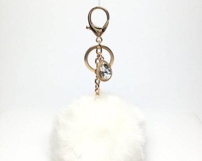 NEW! Faux Rabbit Fur Pom Pom bag Keyring keychain artificial fur puff ball in White Crystals Collection