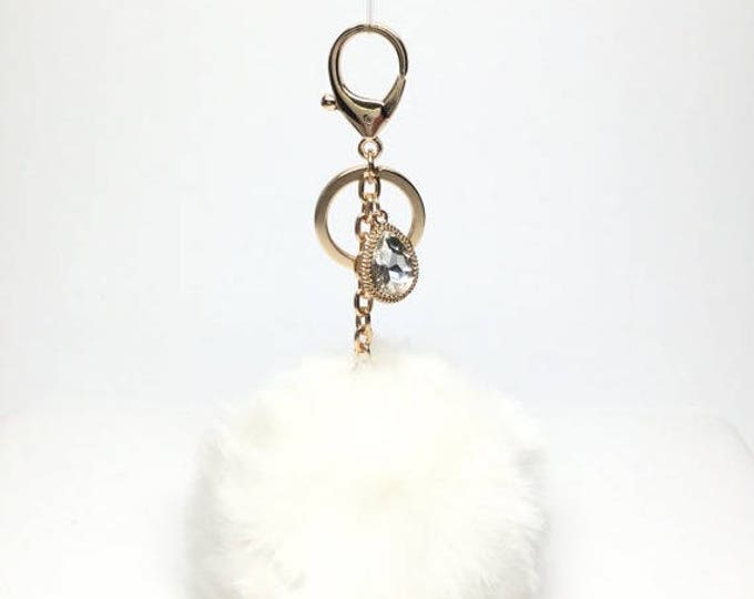 NEW! Faux Rabbit Fur Pom Pom bag Keyring keychain artificial fur puff ball in White Crystals Collection