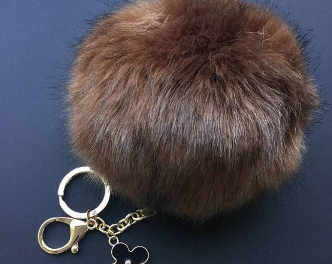 NEW! Faux Fox Fur Pom Pom bag Keyring Hot Couture Novelty keychain pom pom fake fur ball in Beautiful Purple or Natural Brown