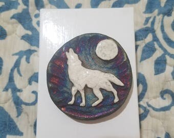 Wolf howling at the moon kiln fired clay