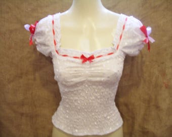Cute,white embroidery anglais gypsy top with red bows,white lace & cherries! Rockabilly,pin-up,hillbilly,1940's,1950's,vintage,sexy,prarie!
