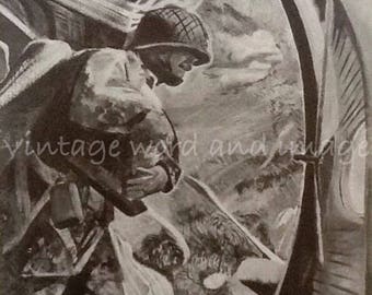 1943 WWII Guadalcanal USMC Art Print Marine Corps Vintage Lithograph Paramarines Ready to Jump Paratroopers Military Combat War History