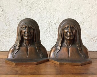 Art Deco Native American Indian Chief Bronze Bookends, 1920s